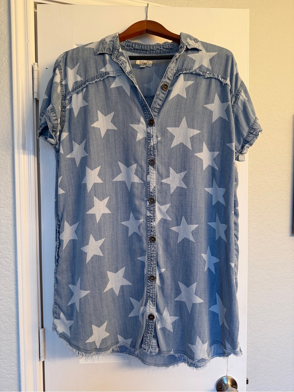 easel Light Blue Denim Star Print Mini Dress